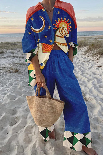 Tropic Print Button Down Blouse Shirt Elastic Waist Wide Leg Pants Vacation Set Blue