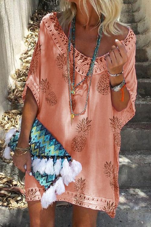 V Neck Hollow Out Pineapple Printed Batwing Beach Dress Orange