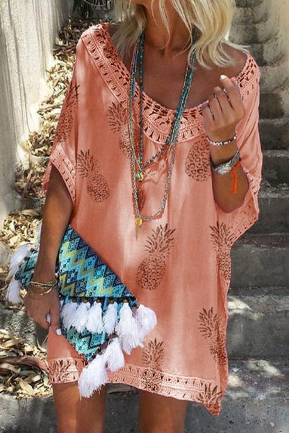 V Neck Hollow Out Pineapple Printed Batwing Beach Dress Orange