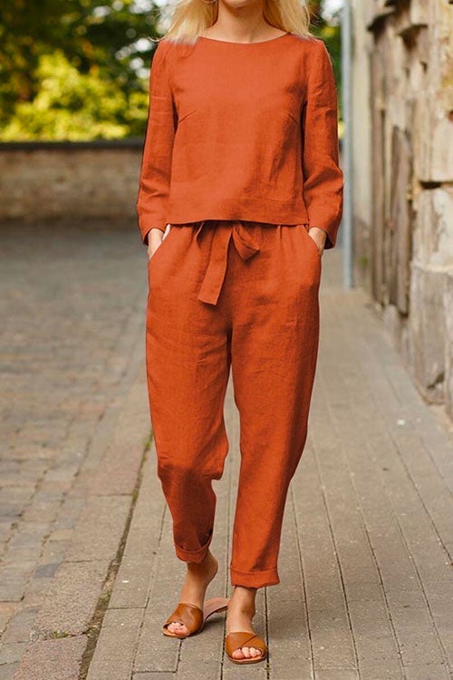 Rosiedress Gemma Long Sleeves Top Bow Knot Tapered Pants Set Orange