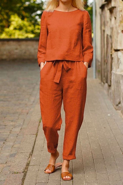 Gemma Long Sleeves Top Bow Knot Tapered Pants Set Orange