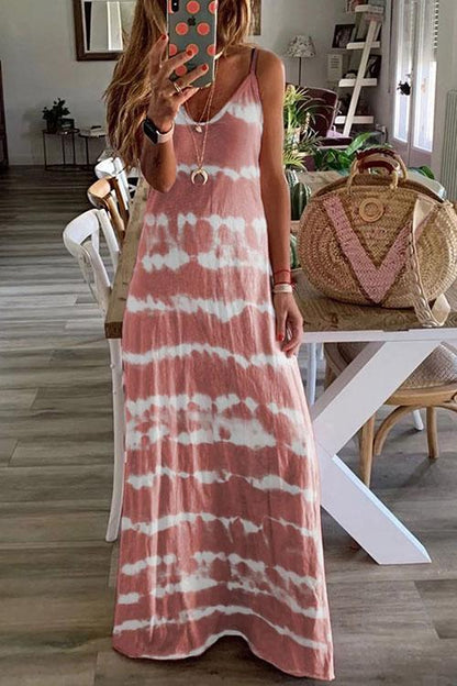 Sleeveless V Neck Tie Dye Maxi Cami Beach Dress Pink