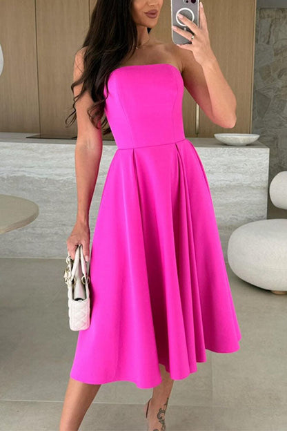 Strapless Open Back Waisted Swing Midi Dress
