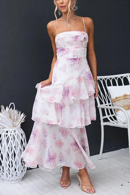 Spaghetti Strap Ruffle Tiered Floral Maxi Vacation Dress