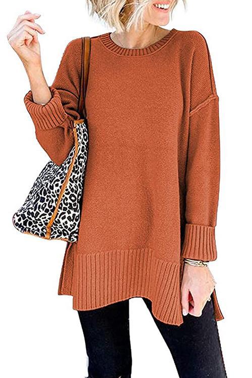 Rosiedress Side Split Ribbed Trim Loose Mid Sweater Orange