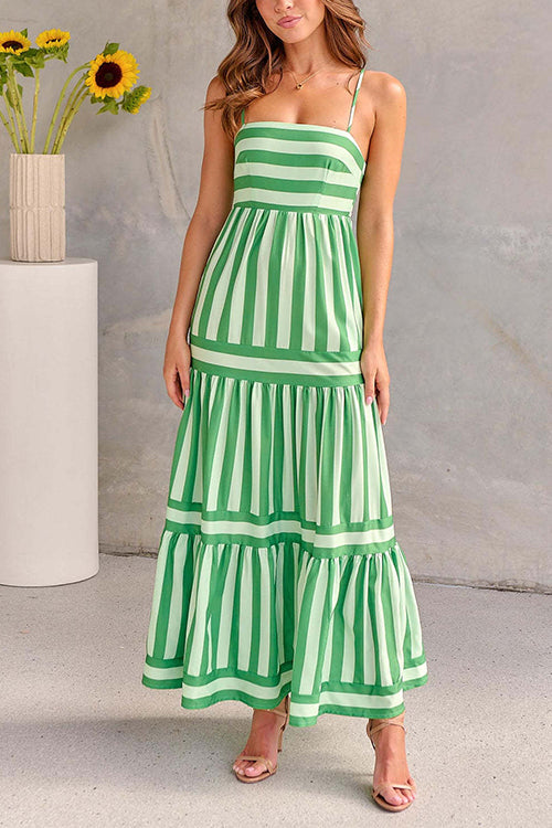 Rosiedress Spaghetti Strap Tiered Color Block Striped Maxi Dress