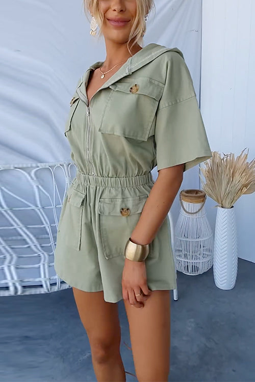 Zip Up Pocketed Elastic Waist Hoodied Cargo Romper