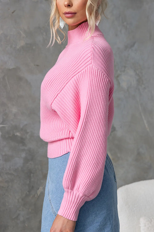 Turtleneck Puff Sleeves Ribbed Knit Sweater