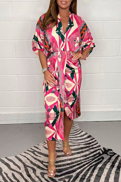 V Neck Half Sleeve Waisted Slit Printed Midi Dress HotPink