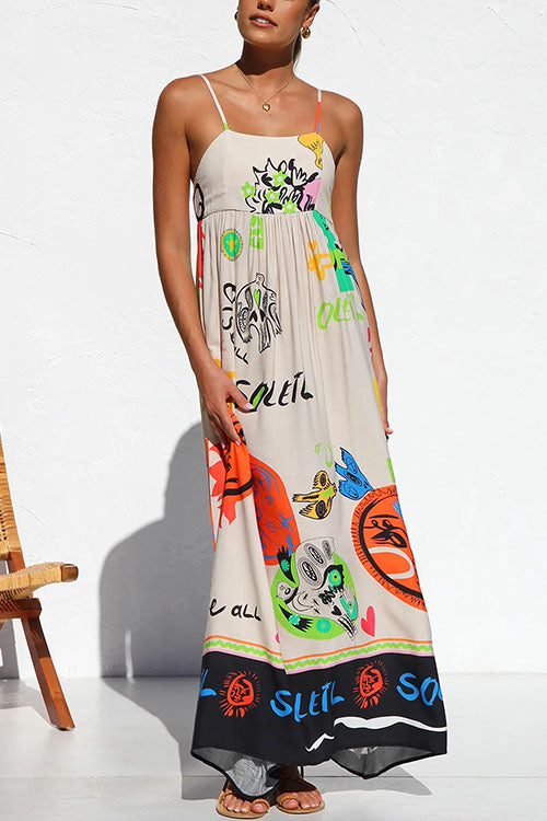 Rosiedress Tie Back Cut Out Graffiti Print Flowy Maxi Cami Dress