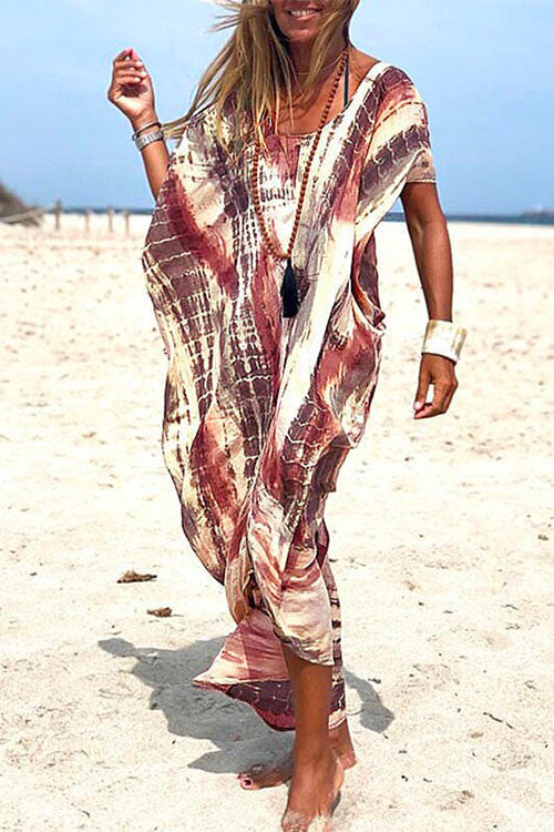 Tie Dye Short Sleeve Slit Oversized Beach Dress Brown