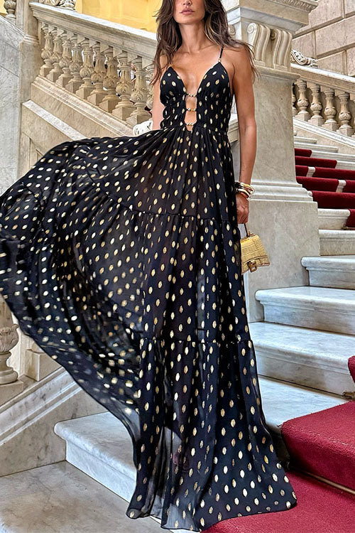 Robe longue trapèze à pois découpés et volants