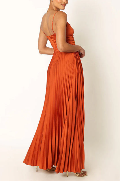 V Neck Spaghetti Strap Vintage Pleated Maxi Party Dress