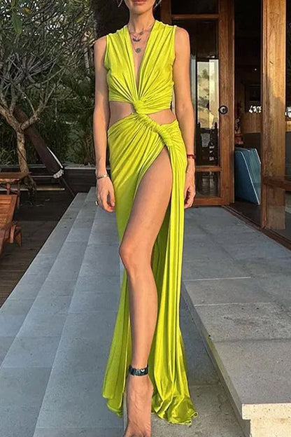 Rosiedress V Neck Knot Front Cut Out High Slit Sleeveless Maxi Dress