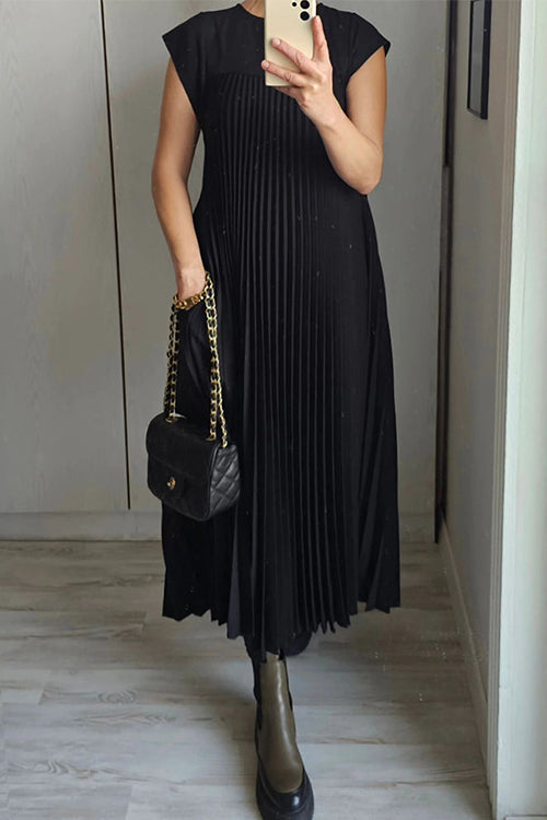 Rosiedress Cap Sleeves Pocketed Loose Pleated Maxi Dress Black