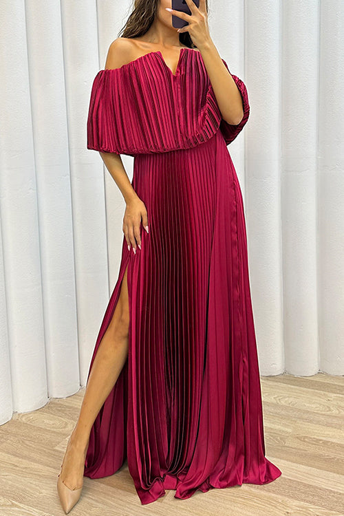 Rosiedress Off Shoulder Waisted High Slit Pleated Maxi Dress Burgundy