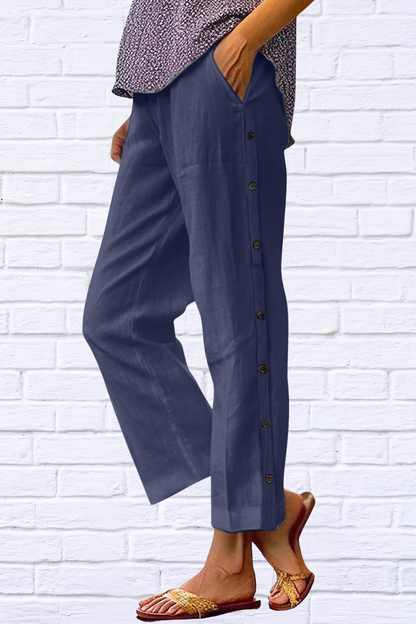 Full Size Side Decor Button Casual Wide Leg Pants Plus Size