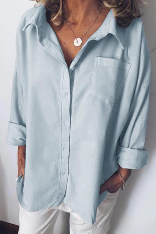 Casual Style Solid Long Sleeve Blouse Shirt LightBlue