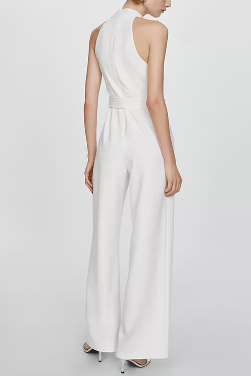 Criss Cross Front Sleeveless Belted Wide Leg Jumpsuit