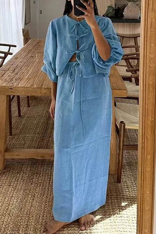 Puff Long Sleeves Lace-up Shirt Drawstring Waist Maxi Skirt Set Blue