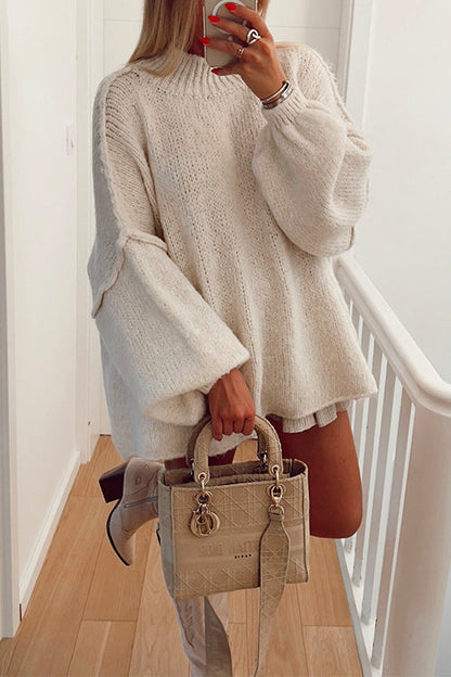 Rosiedress Drop Shoulder Plain Casual Pullover Sweater Beige