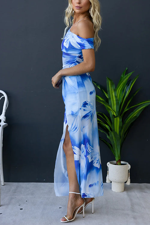 Asymmetric Shoulder Twist Front Slit Floral Maxi Dress