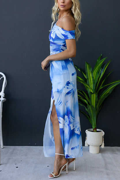 Asymmetric Shoulder Twist Front Slit Floral Maxi Dress