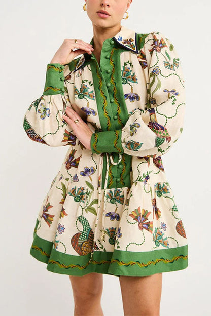 Rosiedress Long Lantern Sleeves Button Up Unique Print Mini Dress Green