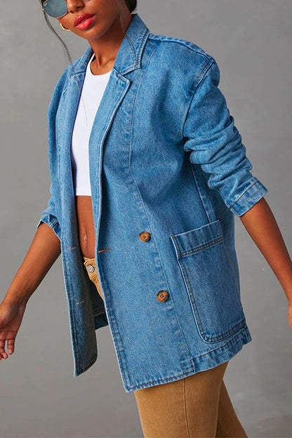 Rosiedress Notch Lapel Button Front Pocketed Denim Blazer