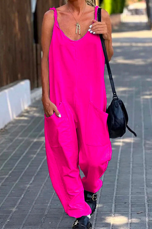 Rosiedress Scoop Neck Pockets Solid Slouchy Cami Jumpsuit HotPink