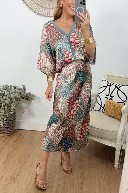 Rosiedress 3/4 Sleeves Button Up Top and High Waist Maxi Skirt Printed Set Print