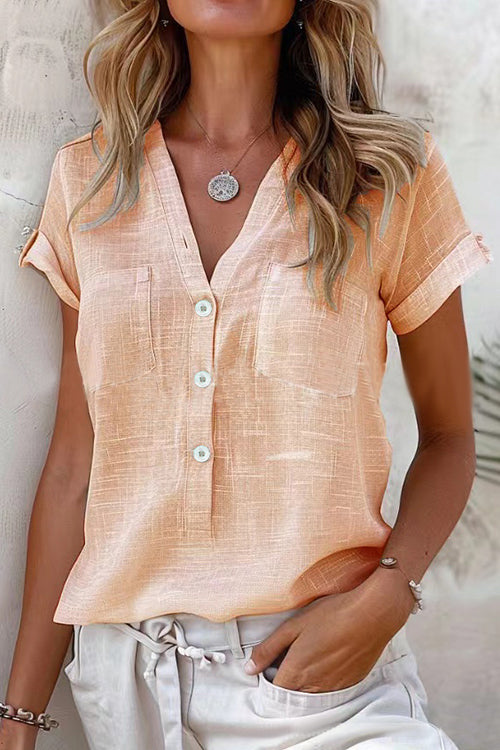 V Neck Rolled Sleeves Button Up Basic Shirt Flesh