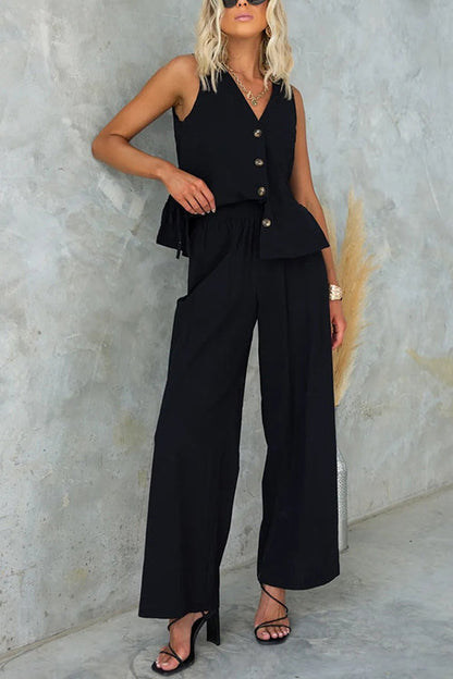 Rosiedress Side Split Button Up Sleeveless Top and Wide Leg Pants Set