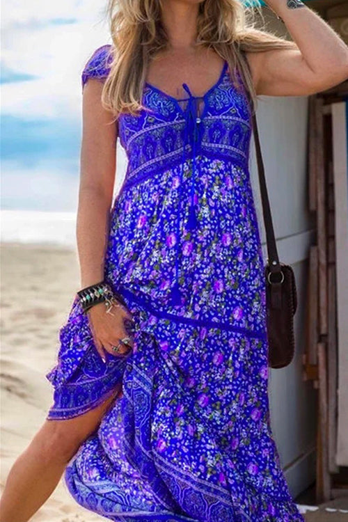 Rosiedress Tassel V Neck Bohemia Printed Maxi Beach Dress