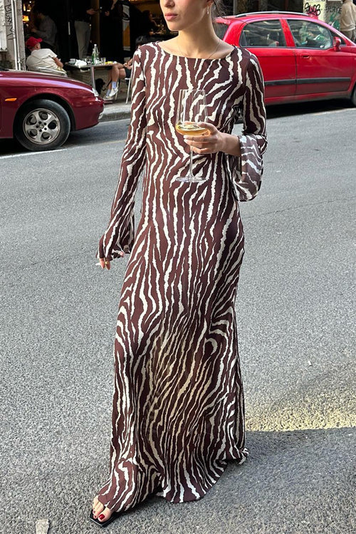 Rosiedress Boat Neck Bell Sleeves Animal Print Maxi Dress