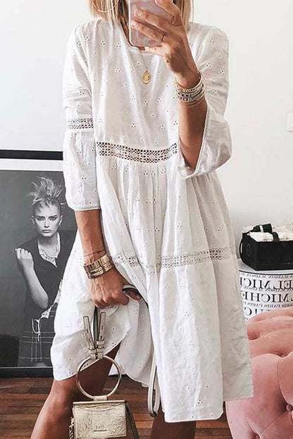 3/4 Sleeve Hollow Out Casual Babydoll Dress White
