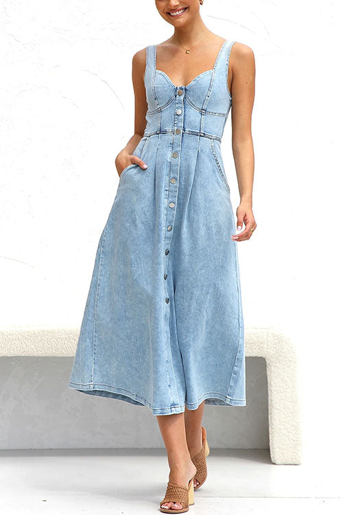 Rosiedress Distressed Button Down Pocketed Denim A-line Midi Cami Dress