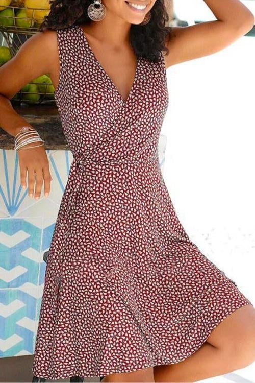 Wrap V Neck Printed Swing Tank Dress Burgundy