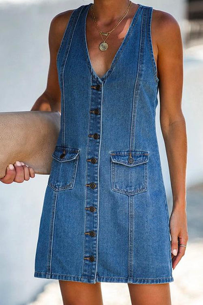 Meridress V Neck Buttons Racerback Sleeveless Denim Dress