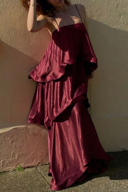 Spaghetti Strap Ruffle Layered Satin Maxi Dress