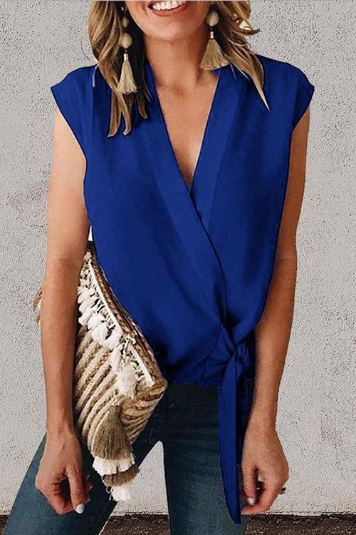 Rosiedress Elyse V Neck Tie Waist Wrap Top NavyBlue