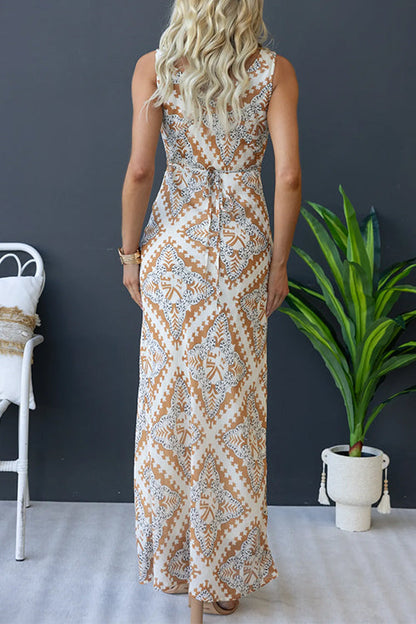 V Neck Sleeveless Tie Back Printed Maxi Holiday Dress