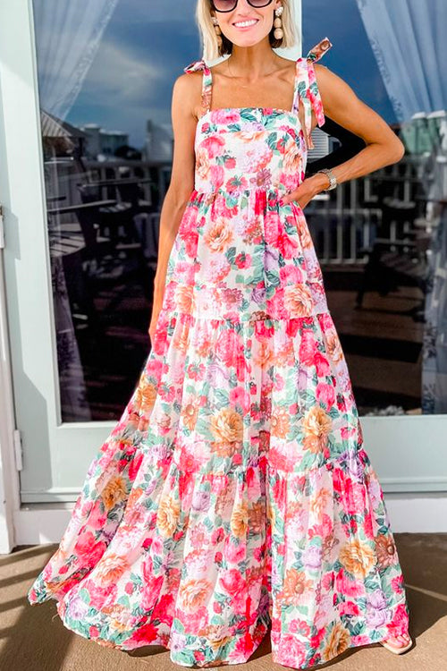 Queen Of Roses Tie Shoulder Ruffle Swing Maxi Dress Pink