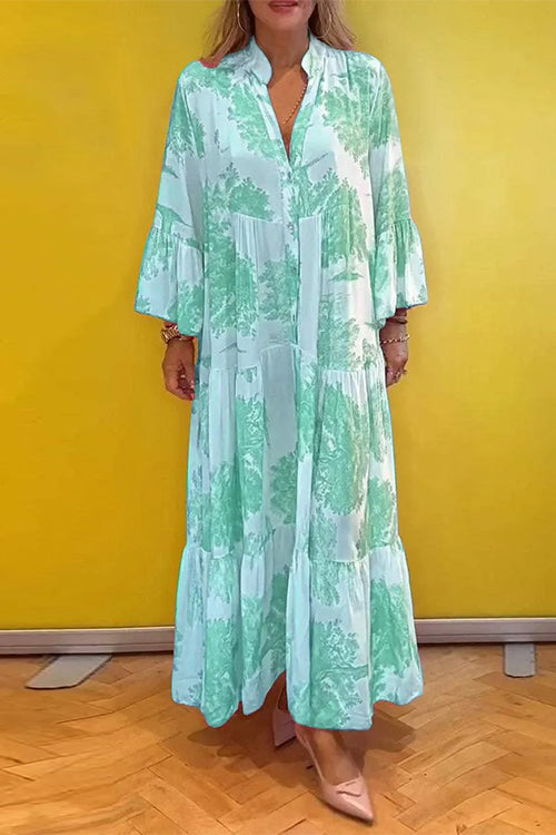 V Neck Bell Sleeves Ruffle Tiered Printed Maxi Dress Light Green