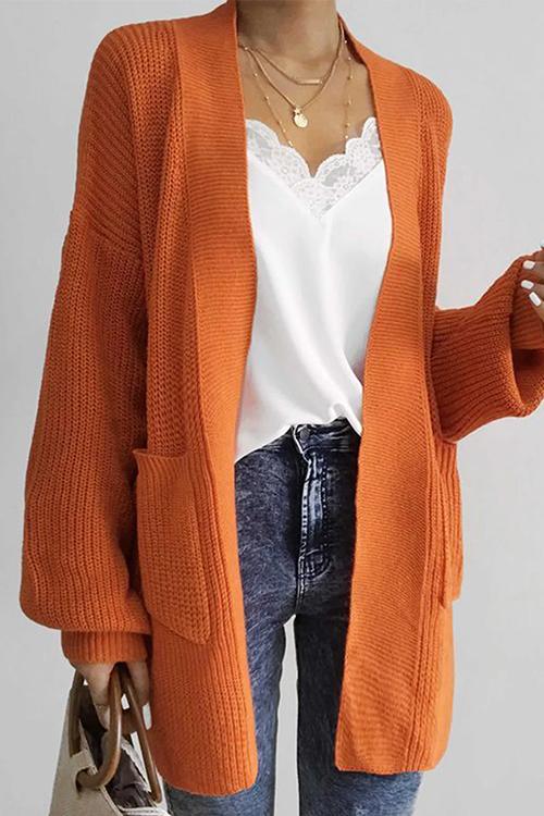 Rosiedress Dorsch Open Front Lantern Sleeve Knit Cardigan Orange