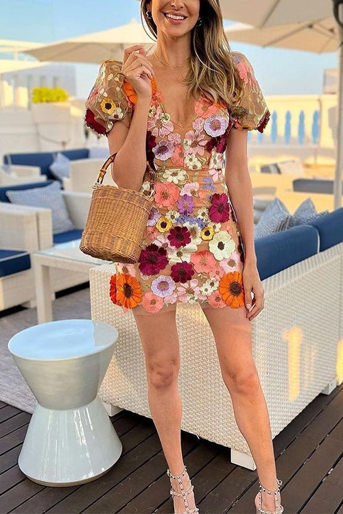 Rosiedress V Neck Puff Sleeves Embroidered Floral Mini Dress