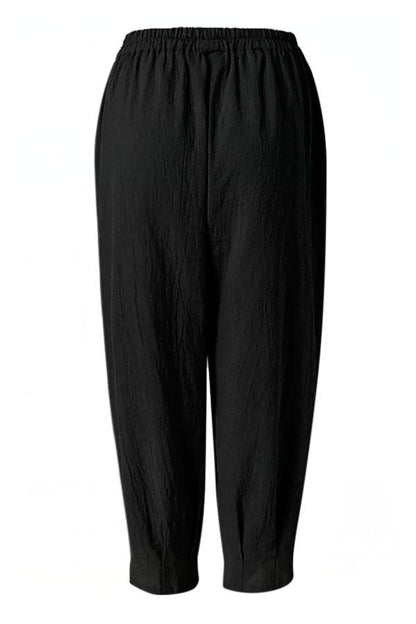 Casual Solid Paneled Side Pockets Elastic Folds Harem Pants