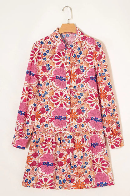 Fall Flower Print Long Sleeve Mini Dress