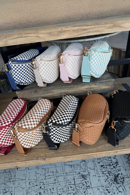 Straw Yellow Checkerboard Woven Zip Crossbody Bag