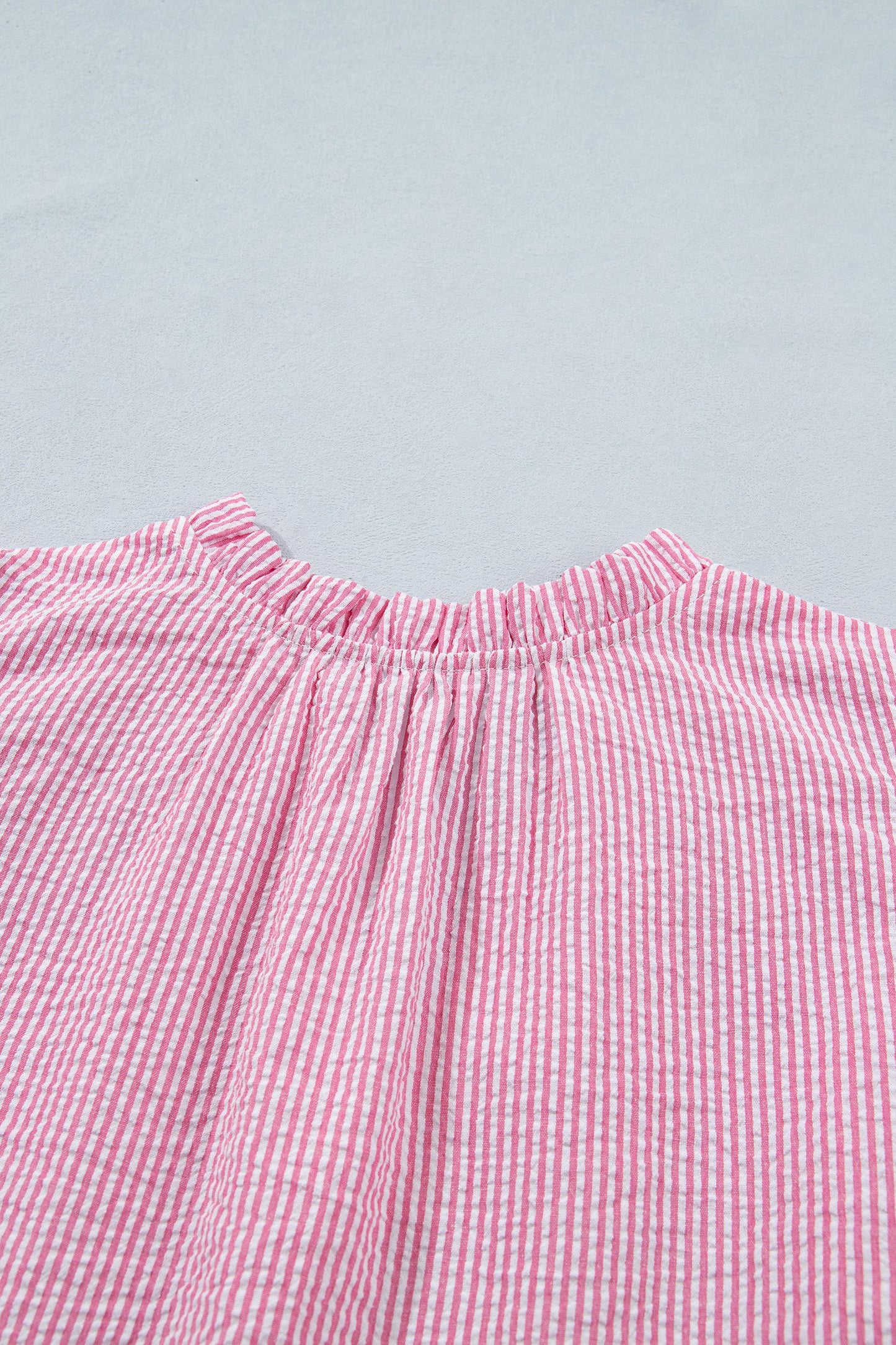 Rose Stripe Short Bubble Sleeve Split V Neck Blouse